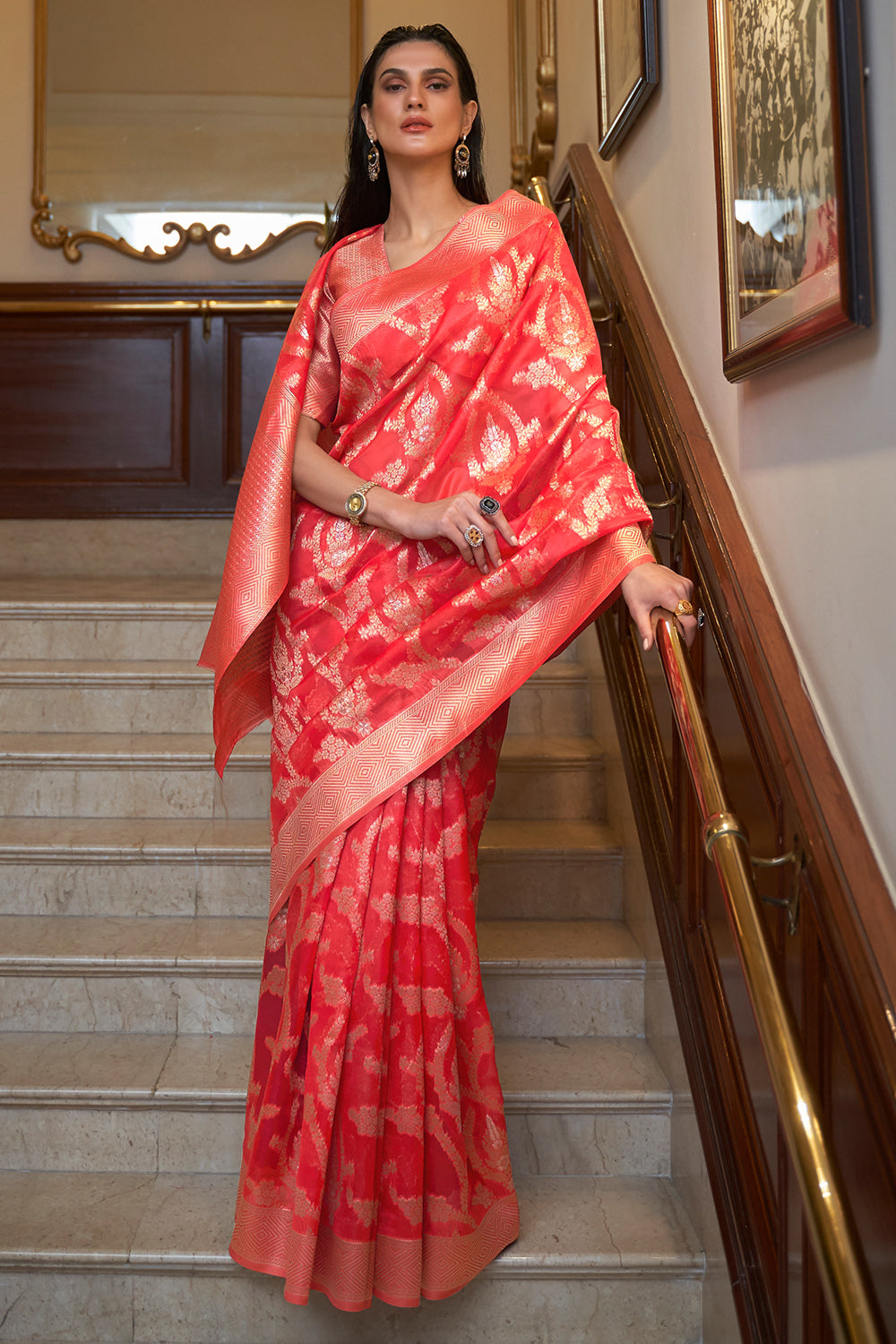 candy red organza saree 5