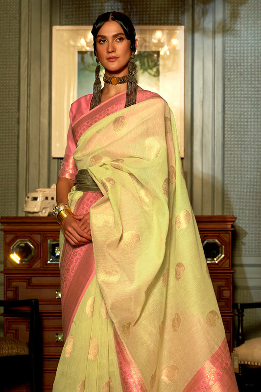 light moss green linen saree 1