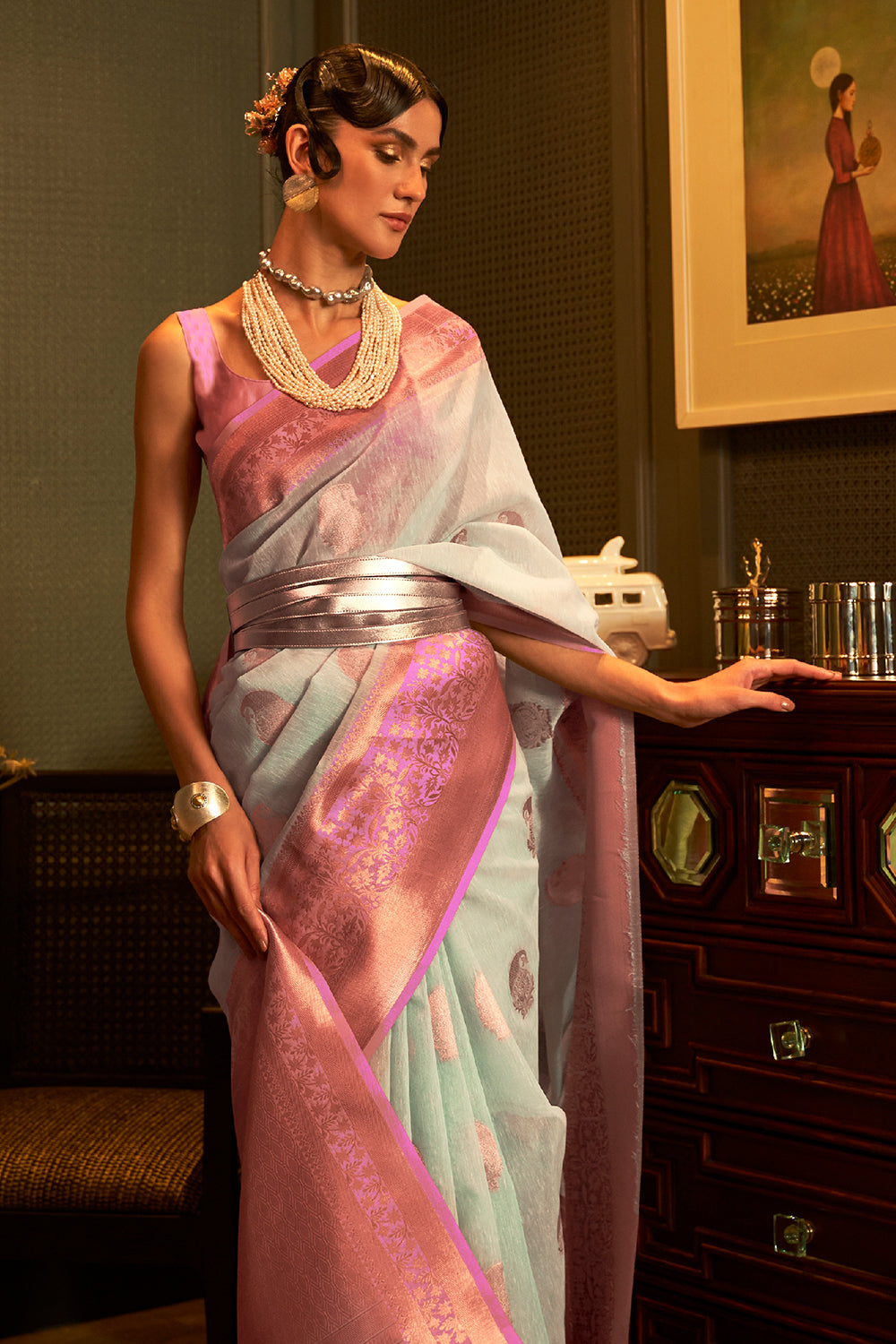 columbia blue linen saree 2 1