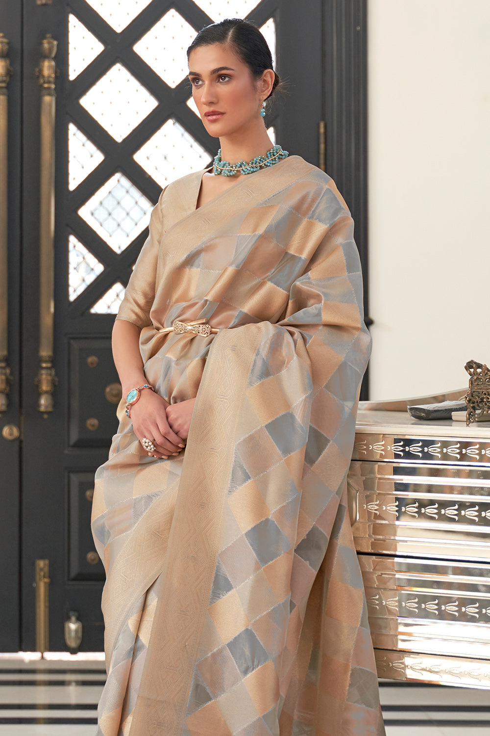 grey and beige checkered organza saree 1