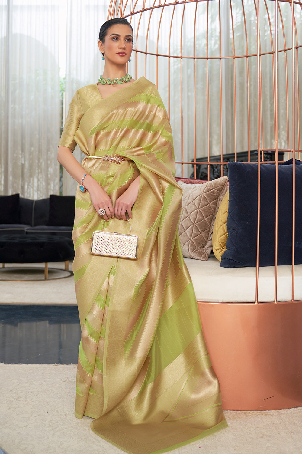 moss green organza saree 2 3