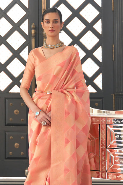 salmon pink organza saree 1 2