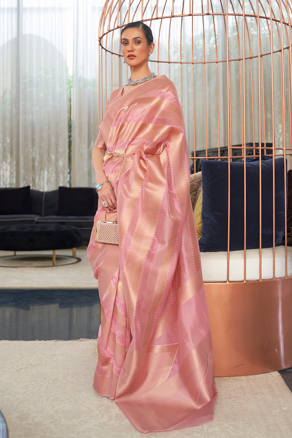 salmon pink organza saree 2 3