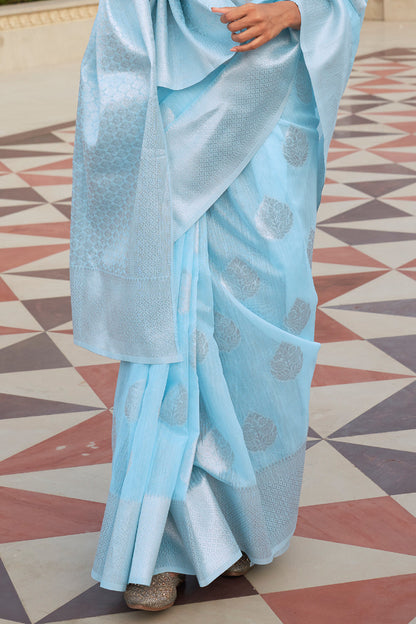 arctic blue linen saree 2