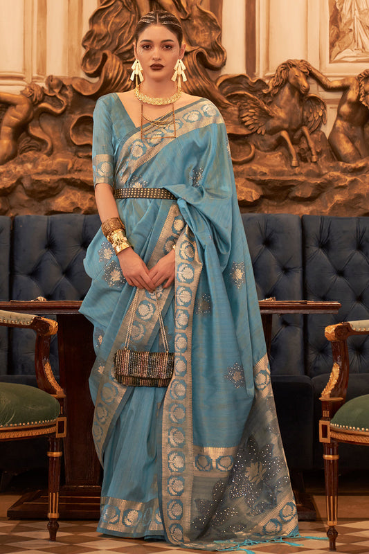 carolina blue tusser silk saree 3