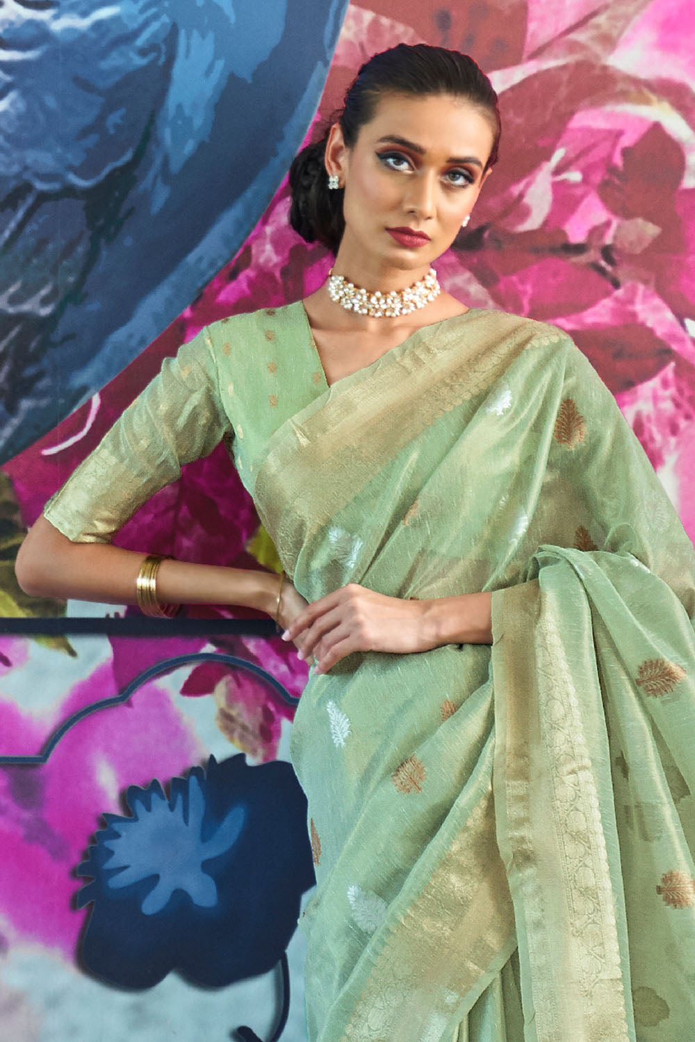 moss green organza saree 1 1