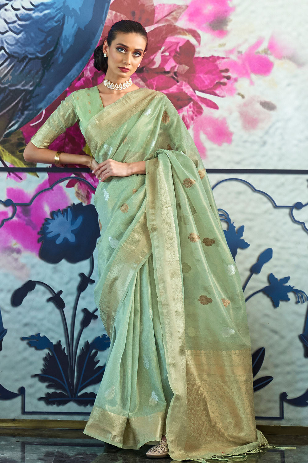 moss green organza saree 1 2