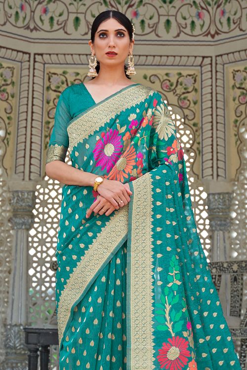 teal blue linen saree 1