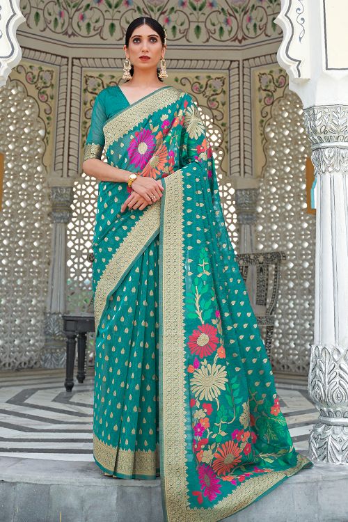 teal blue linen saree 3