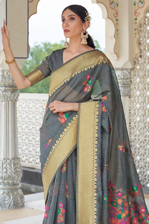 iron grey linen saree 1