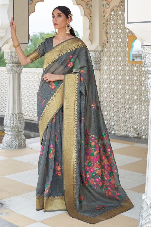 iron grey linen saree 3