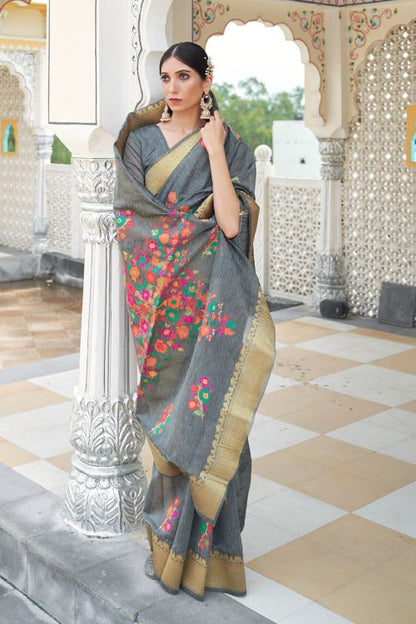 iron grey linen saree 4