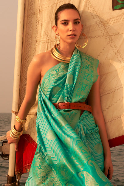 aquamarine blue satin saree 1