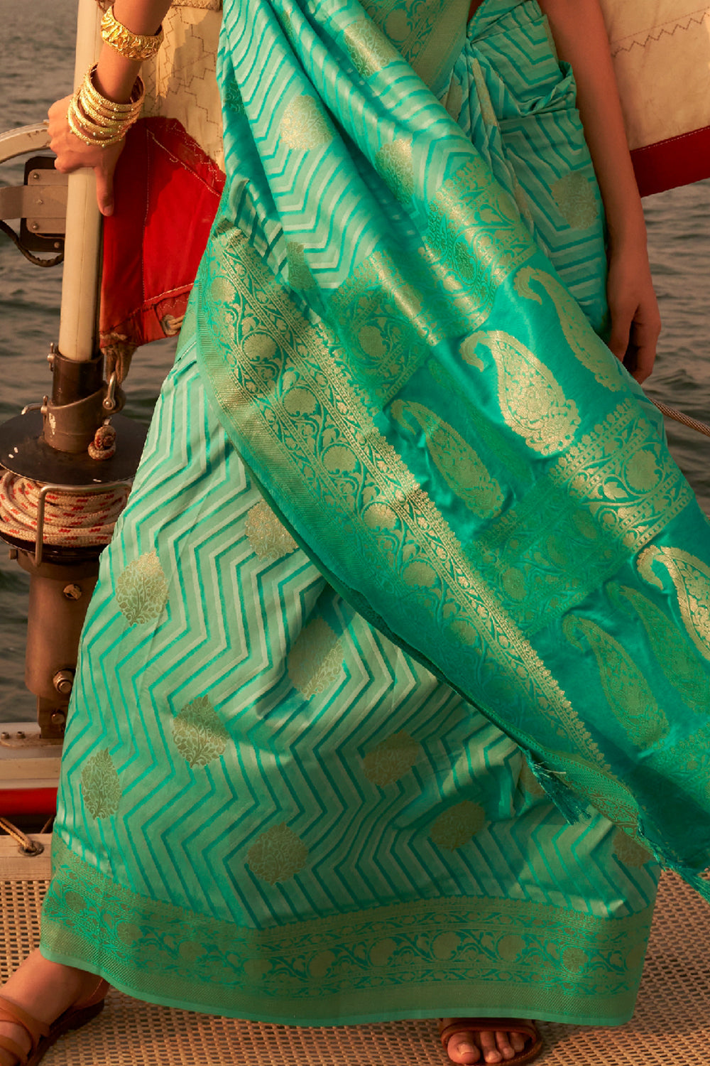 aquamarine blue satin saree 2