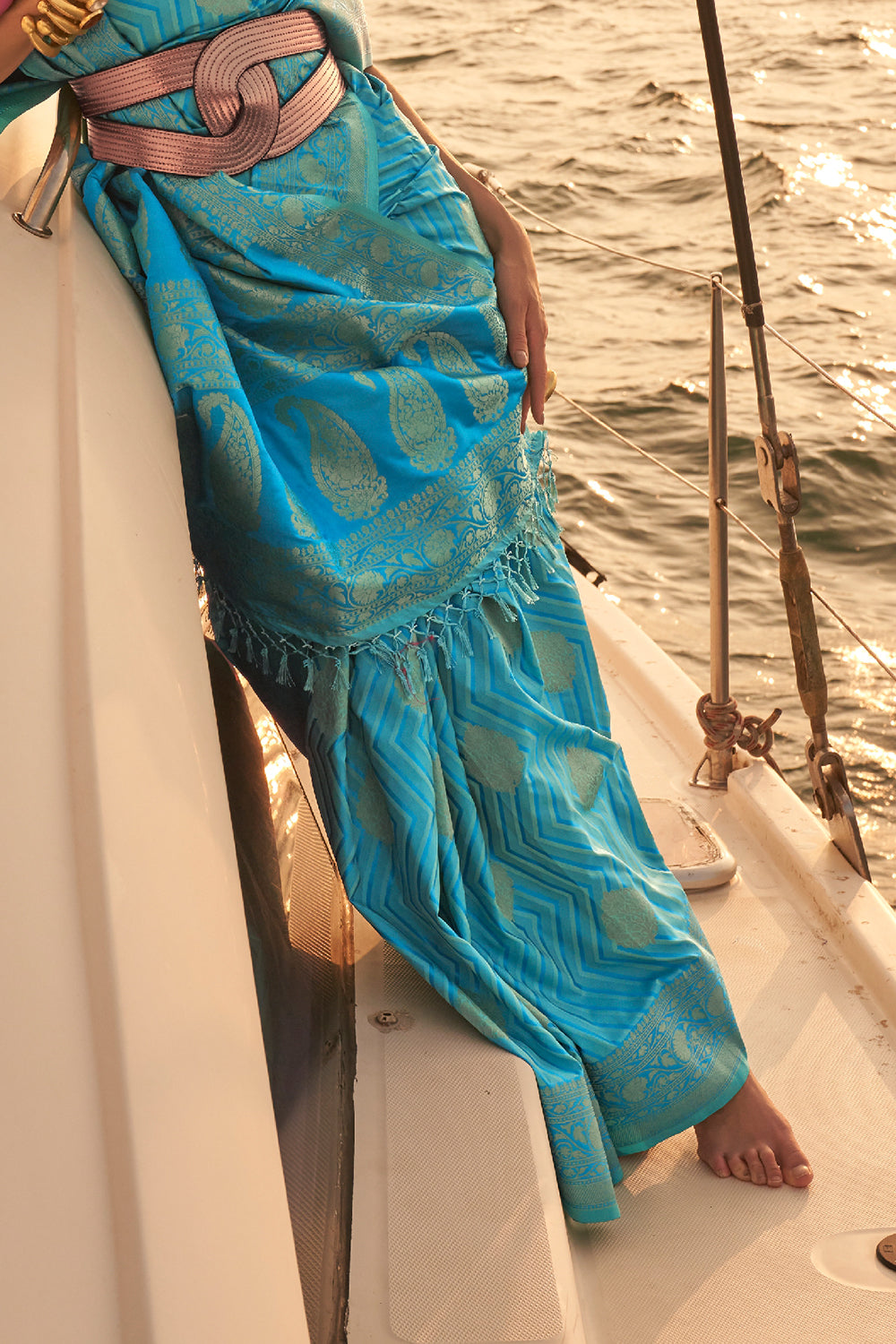 ocean blue satin saree 2 4