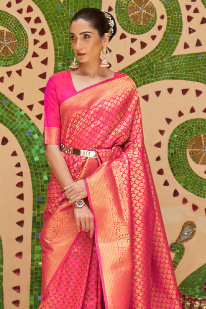 watermelon pink kanjivaram saree 1 2