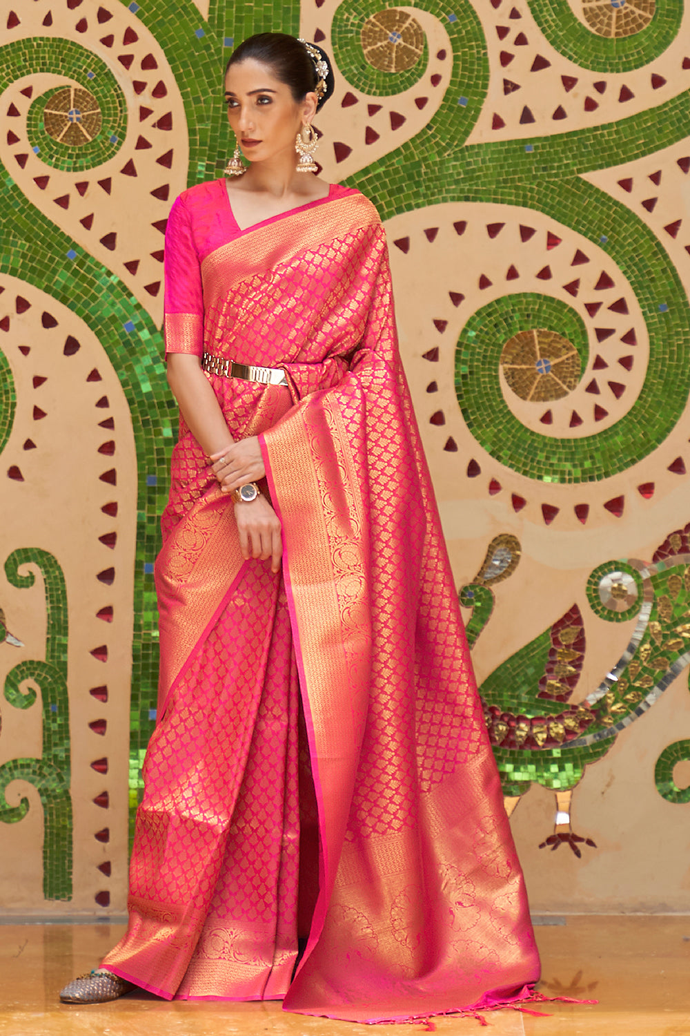 watermelon pink kanjivaram saree 1 3