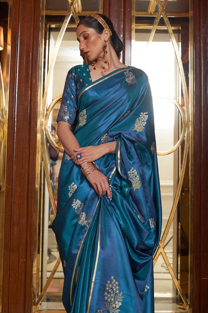 ocean blue satin silk saree 1