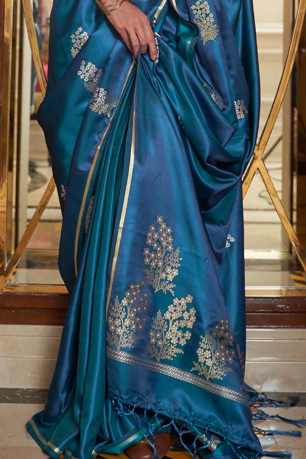 ocean blue satin silk saree 2