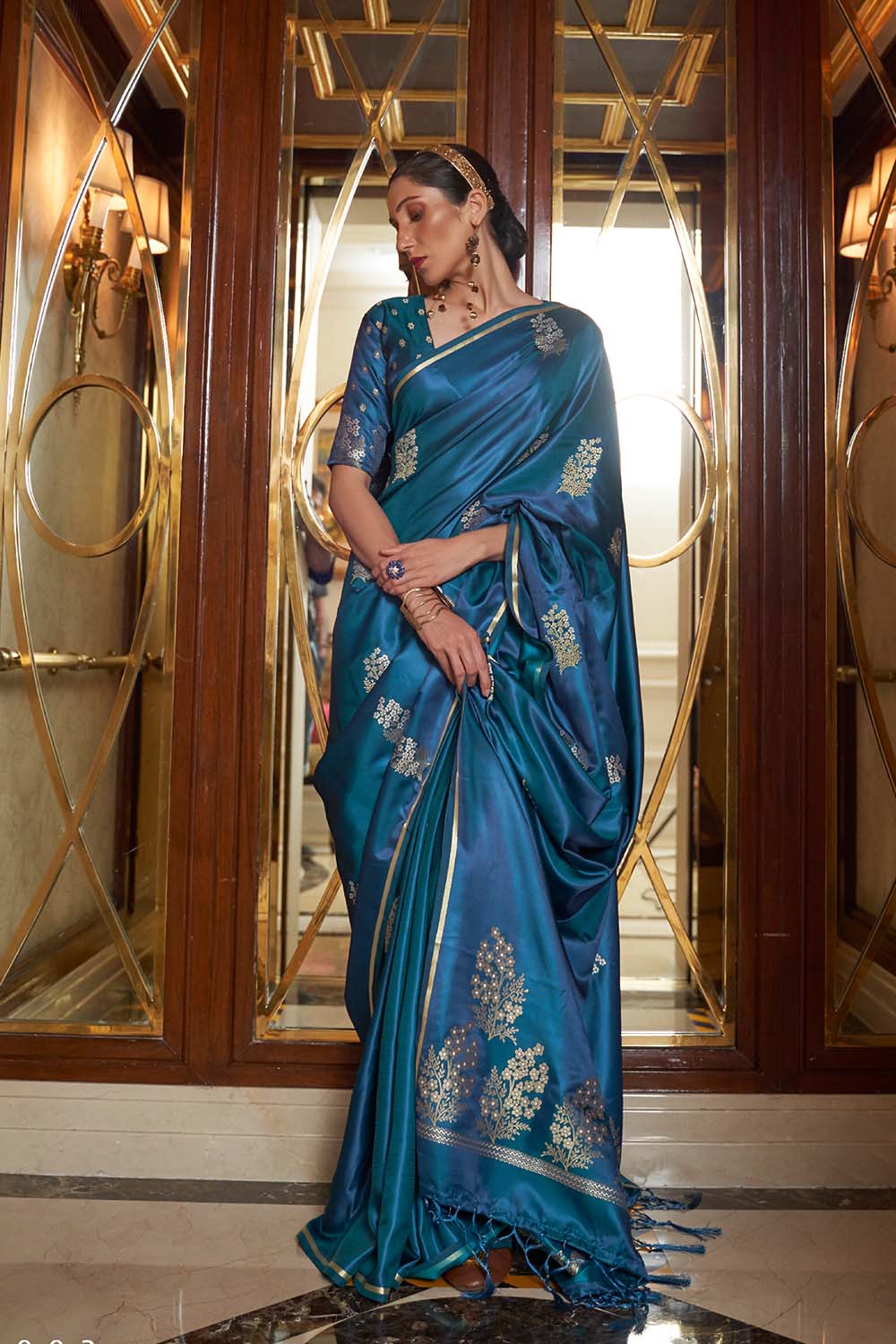 ocean blue satin silk saree 3