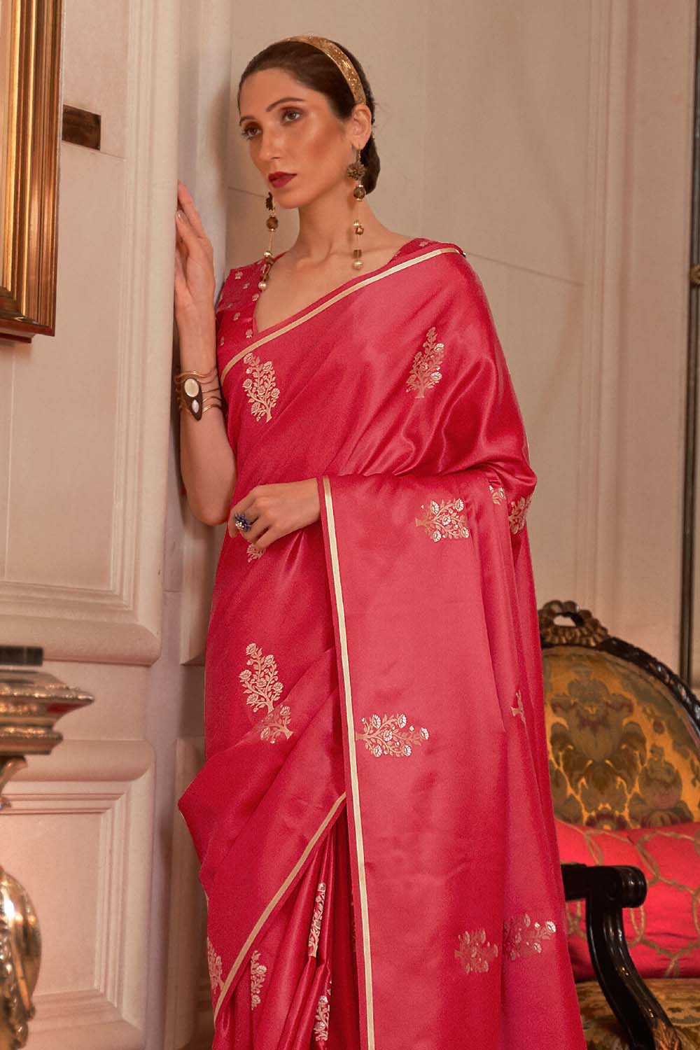 berry red satin silk saree 1