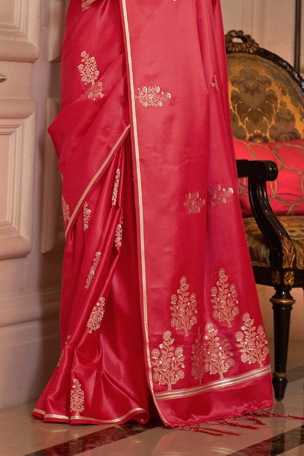 berry red satin silk saree 2