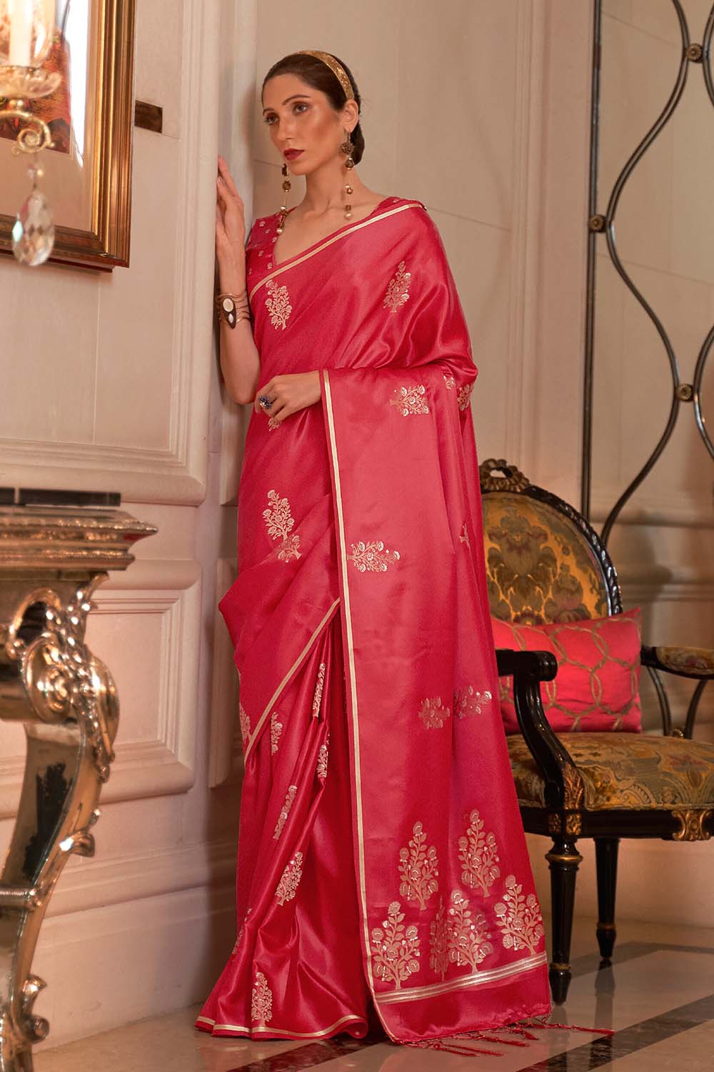 berry red satin silk saree 3