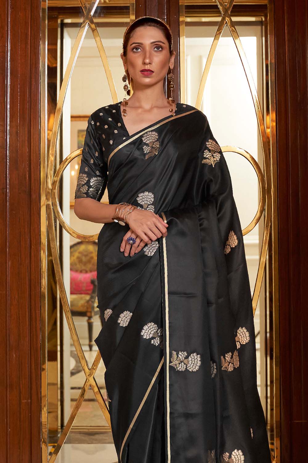 sable black satin silk saree 1