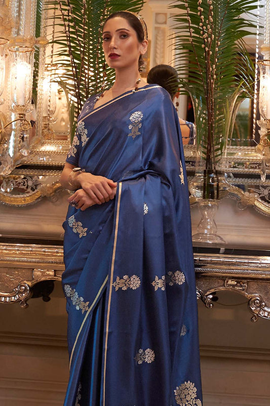 sapphire blue satin silk saree 1