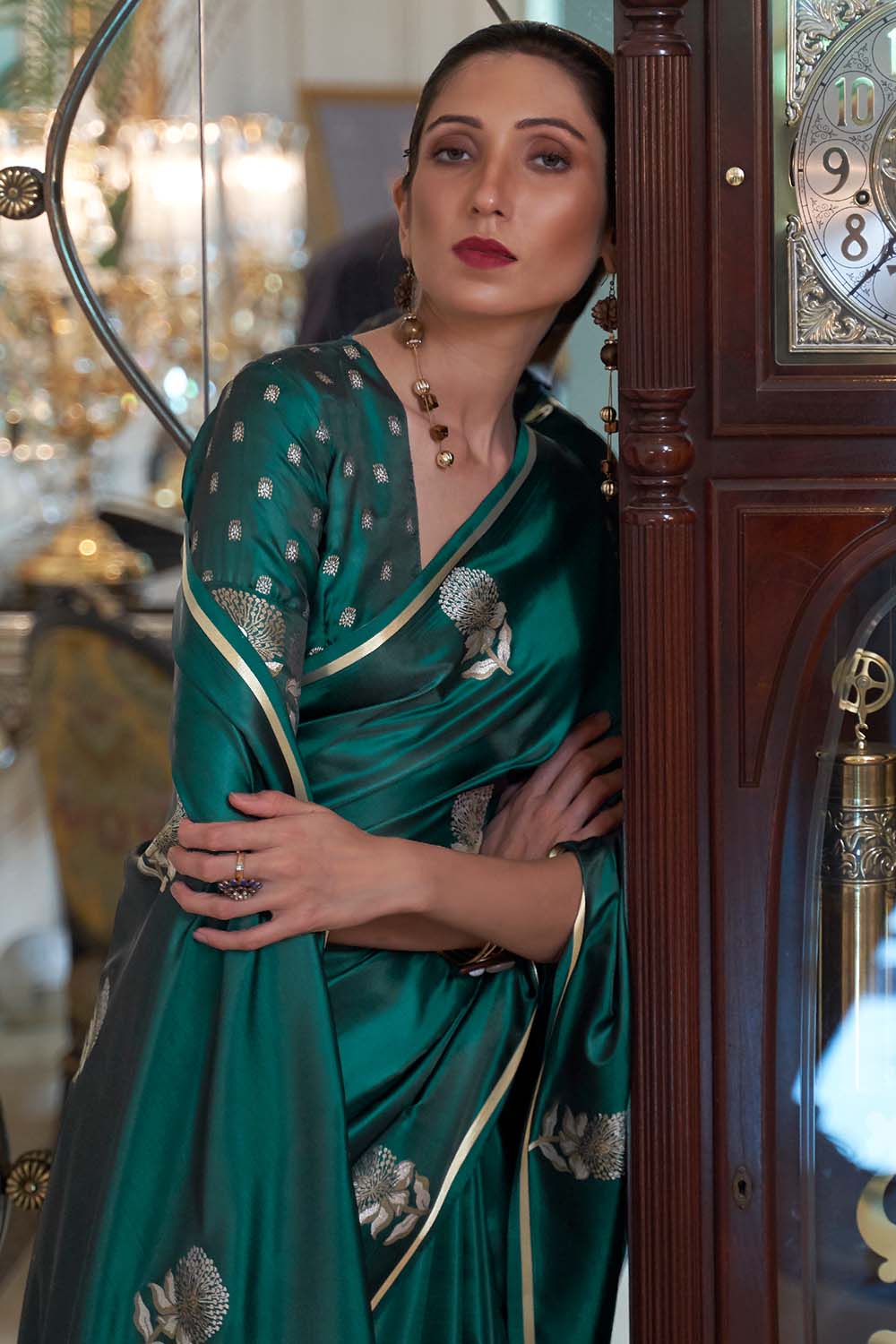 british racing green satin silk saree 4