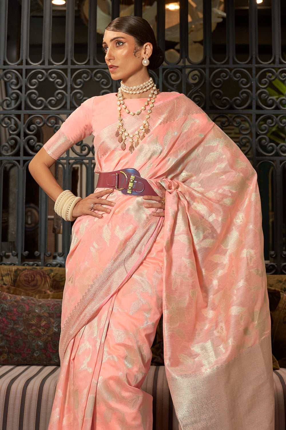 crepe pink kanjivaram saree 1