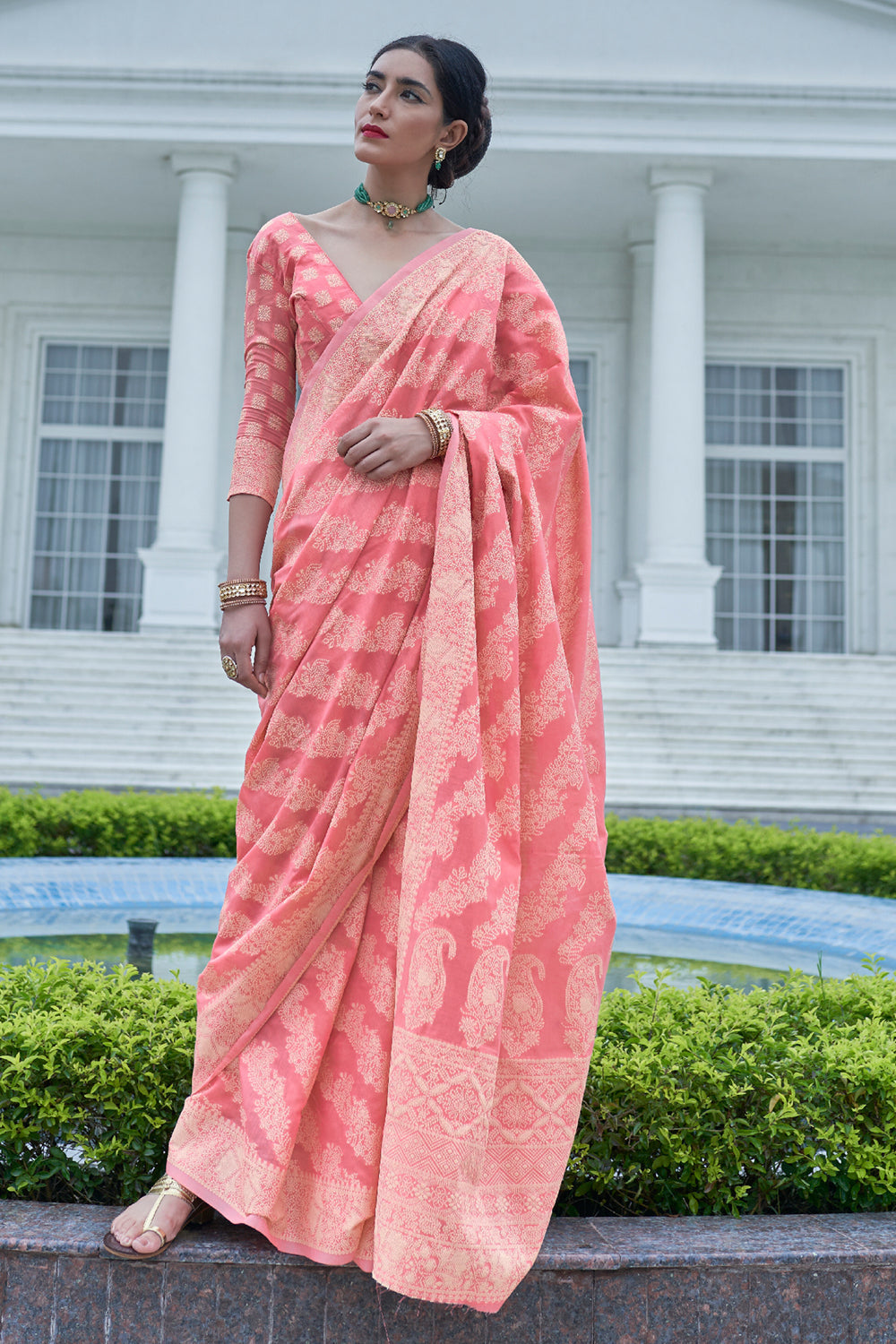 coral pink cotton saree 2 2