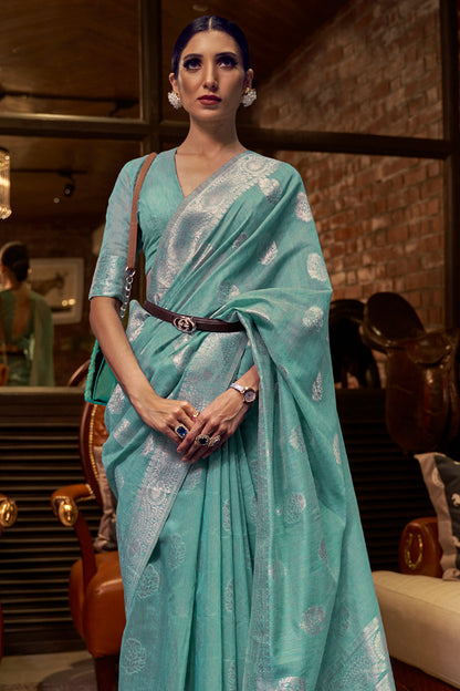 maya blue linen saree 1