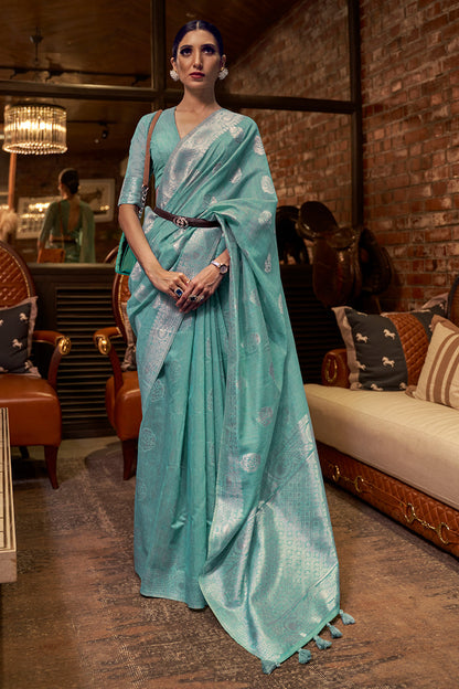 maya blue linen saree 3