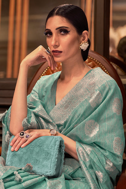 maya blue linen saree 4