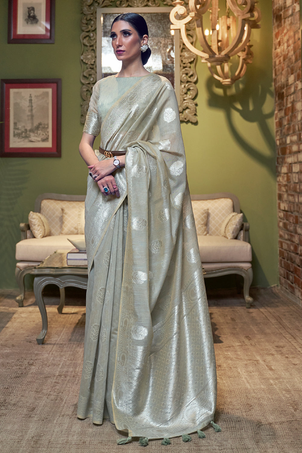 pearl grey linen saree 3