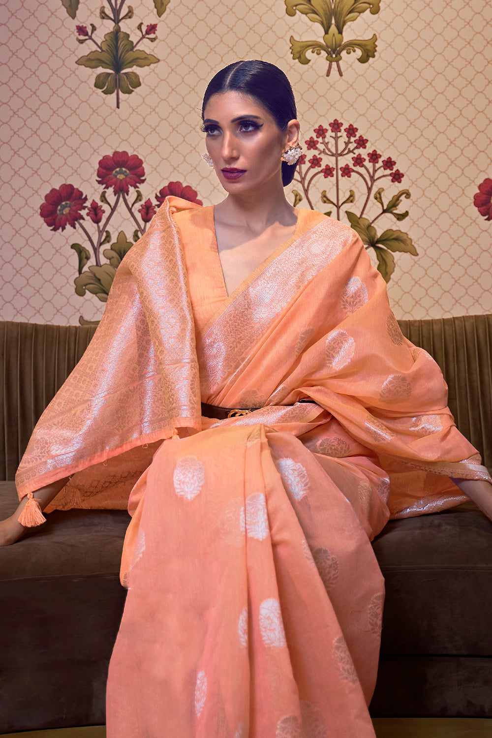 cantaloupe orange linen saree 4