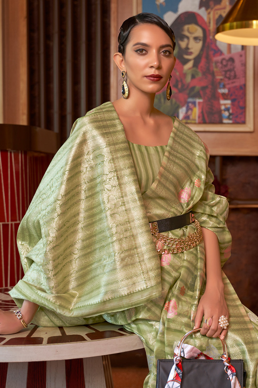 light green linen saree 4