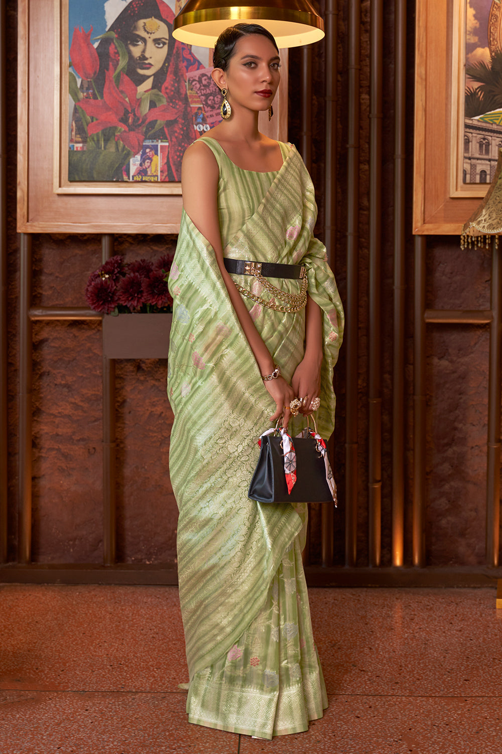 light green linen saree 5