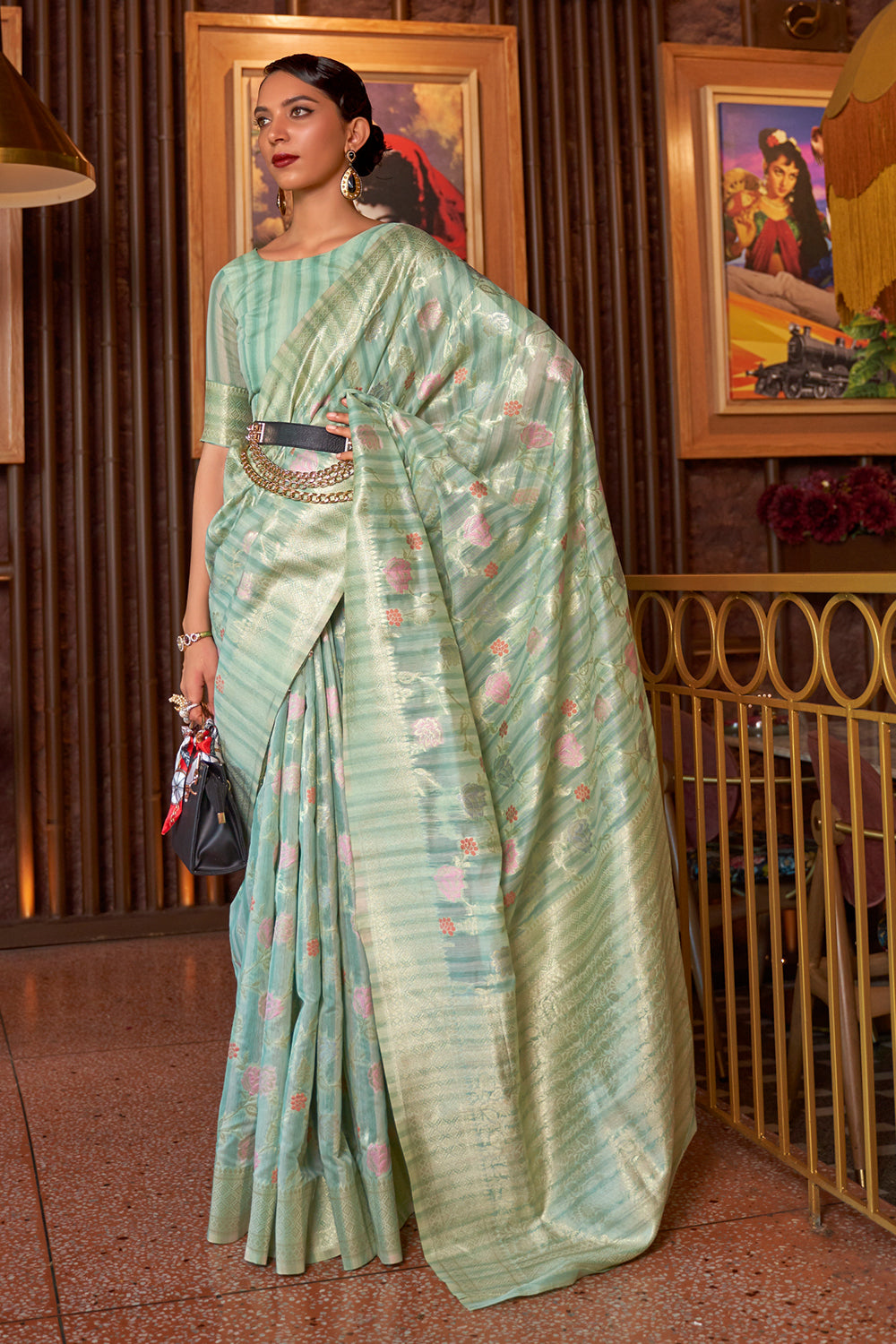 cyan blue linen saree 3