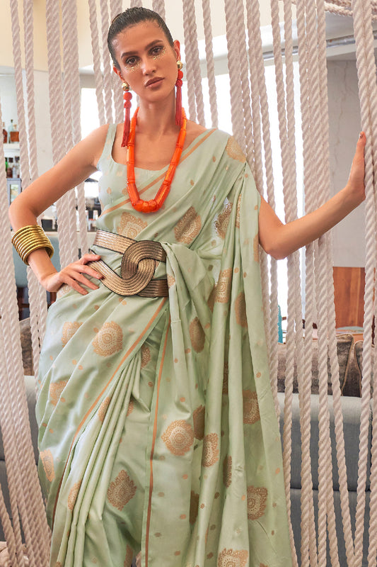 sage green satin saree 1