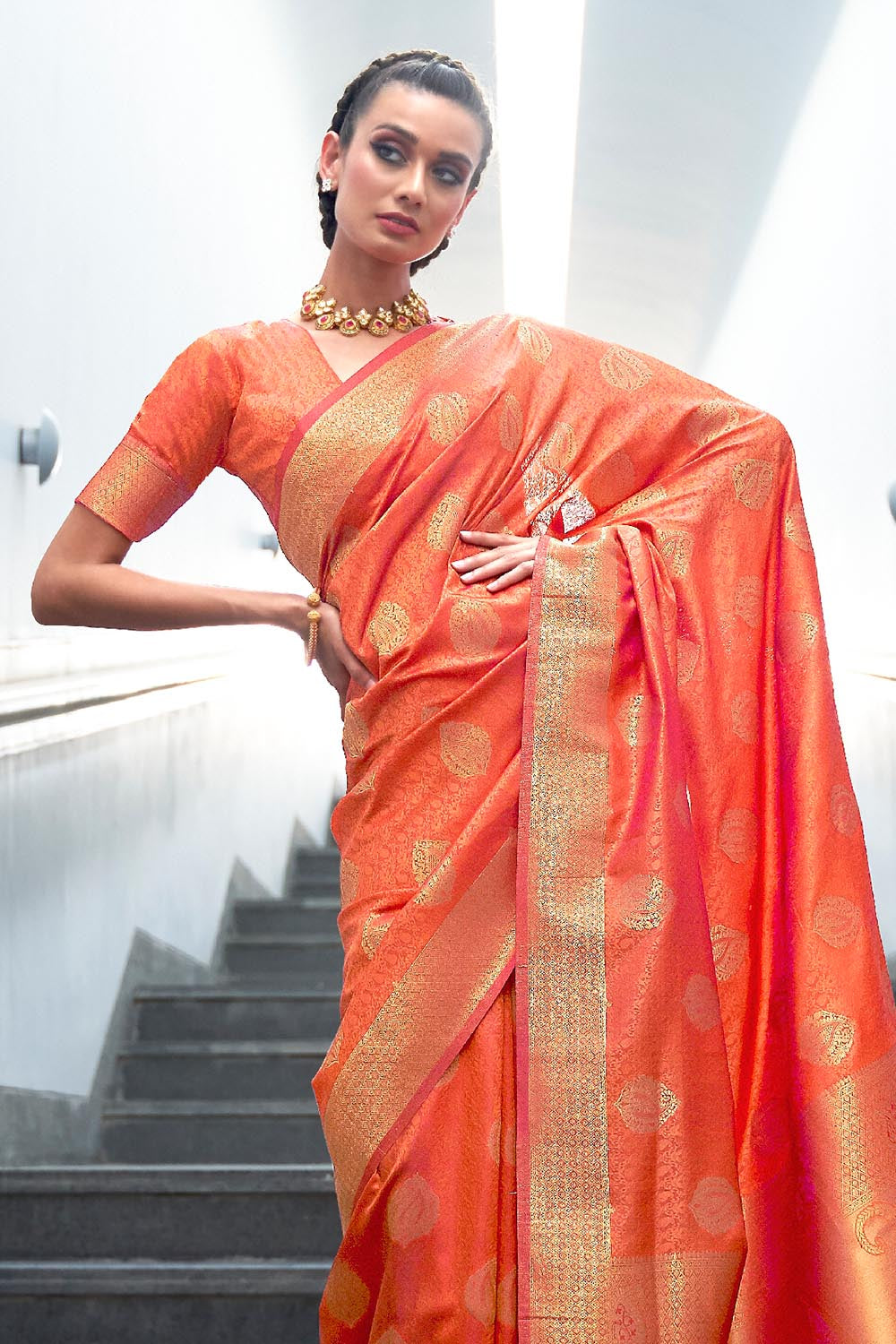 bright orange banarasi saree 1