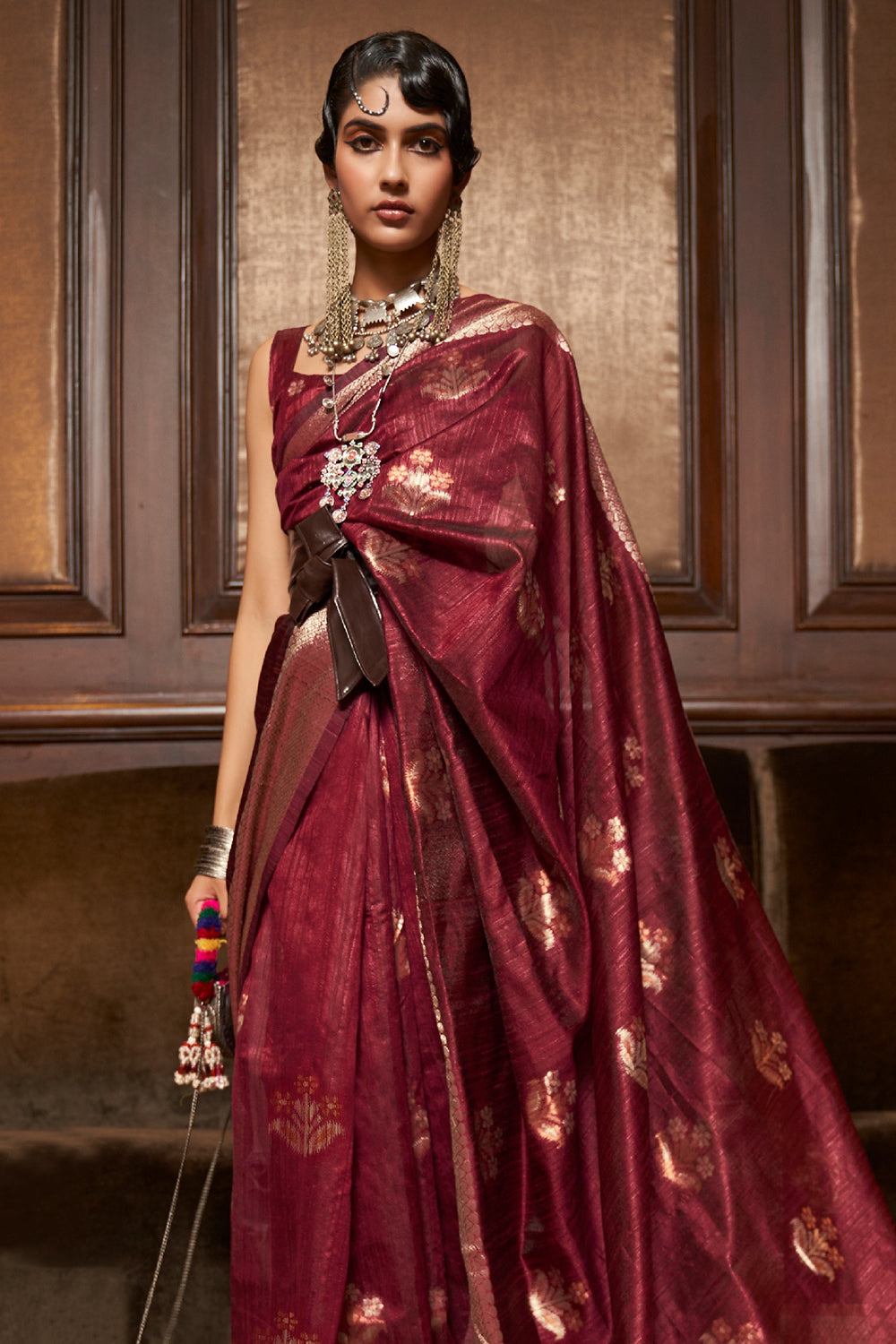 berry red silk saree 1