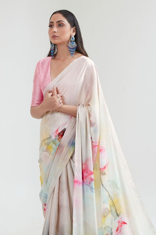 pink and white satin crepe saree 1