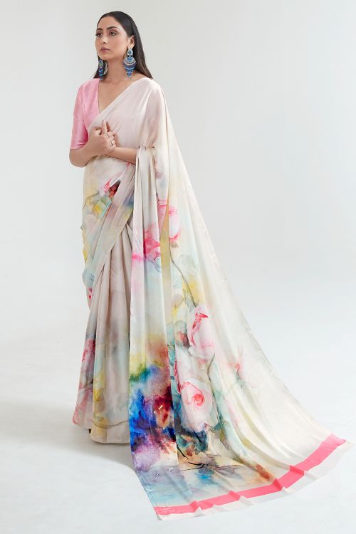 pink and white satin crepe saree 3