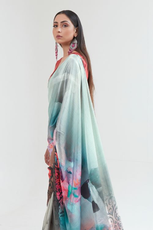 ice blue satin crepe saree 1