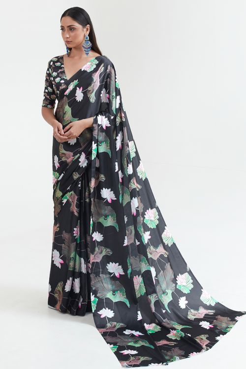 onyx black satin crepe saree 3