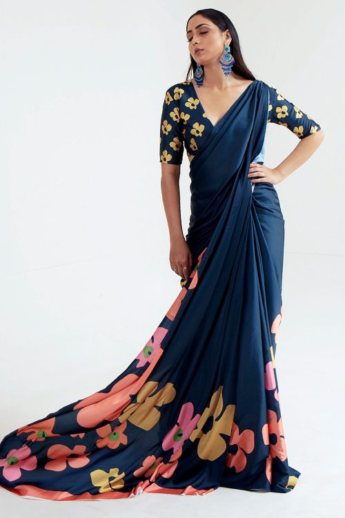 stone blue satin crepe saree 2 1