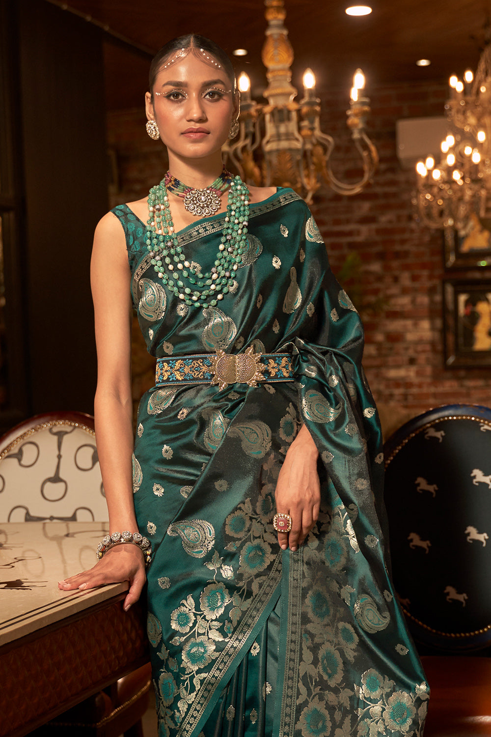 sacramento green satin silk saree 1