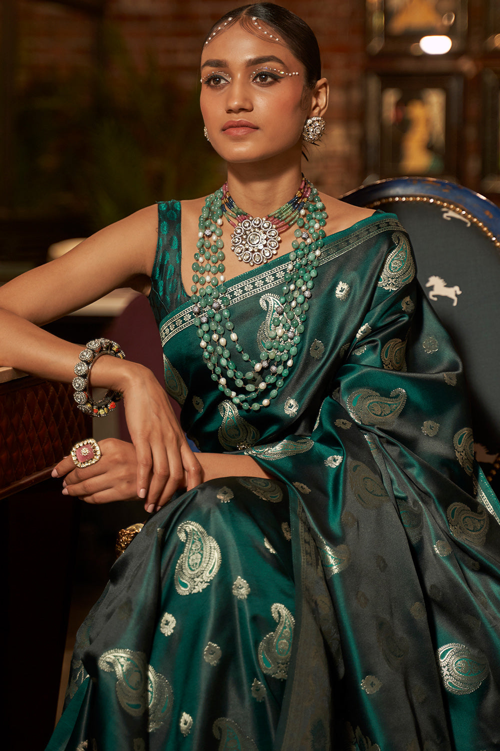 sacramento green satin silk saree 4